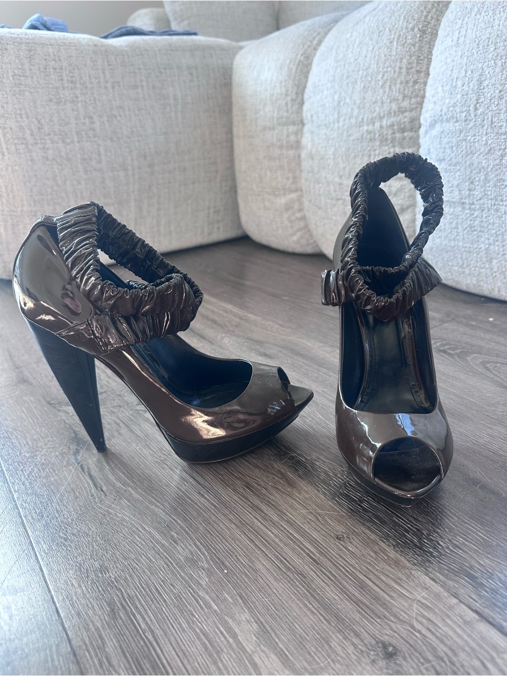 Burberry Patent Peep-Toe High Heels with Ruched Ankle Strap - Brown